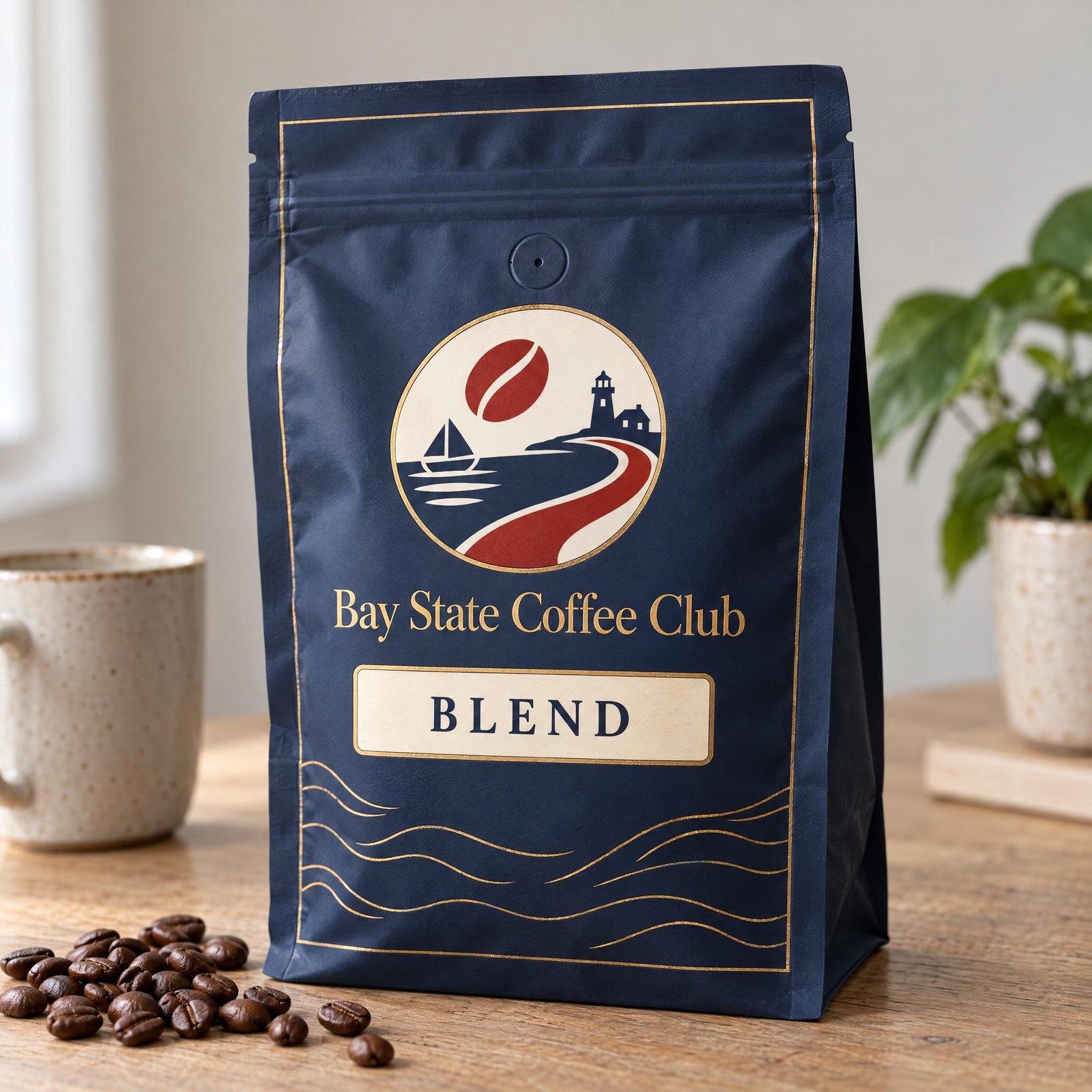 A bag of blend coffee on a table
