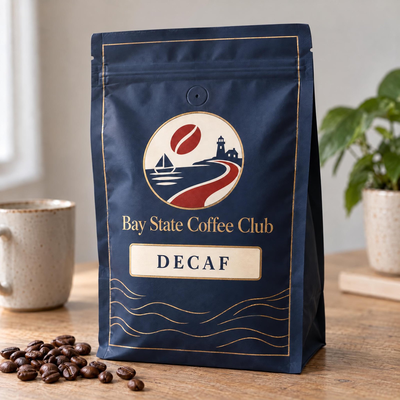 A bag of decaf coffee on a table